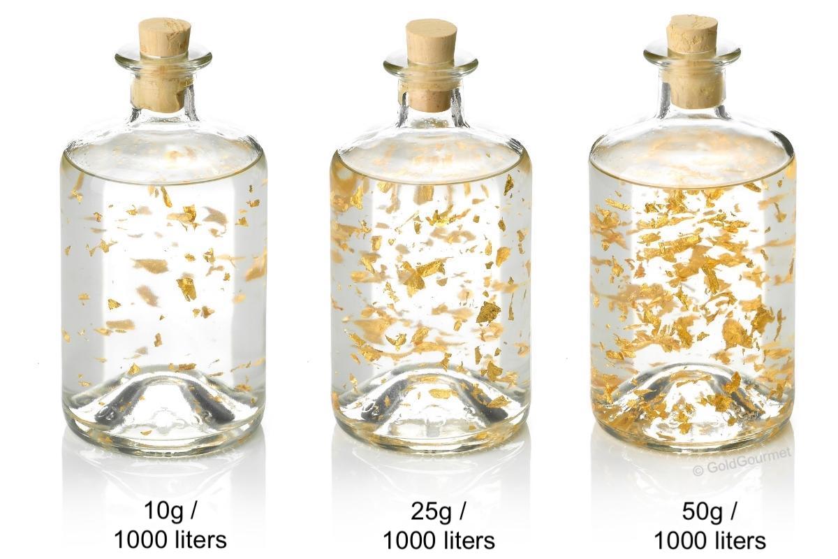 GoldGourmet genuine edible gold leaf for spirits manufacturers mixing ratio flake no. 1,5 - 10g, 25g, 50g per 1000 liters in bottles
