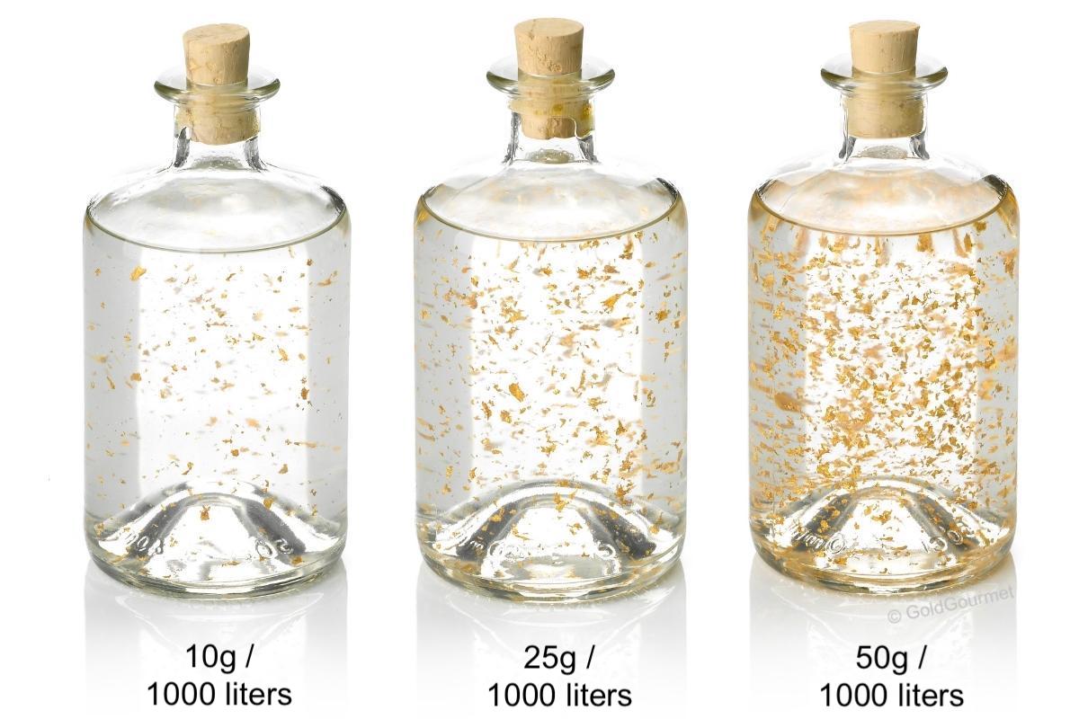GoldGourmet genuine edible gold leaf for spirits manufacturers mixing ratio flake no. 5 - 10g, 25g, 50g per 1000 liters in bottles