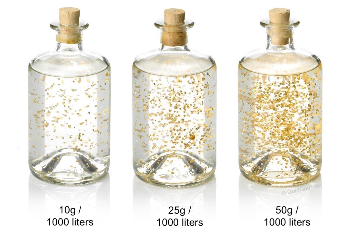 GoldGourmet genuine edible gold leaf for spirits manufacturers mixing ratio quadratus - 10g, 25g, 50g per 1000 liters in bottles